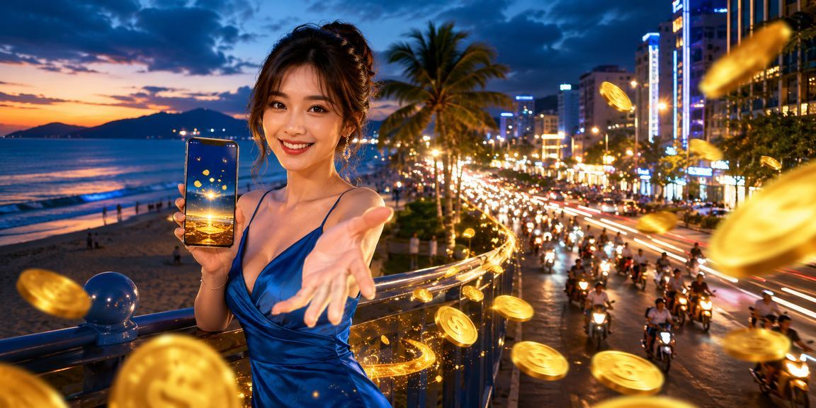 Người dùng trên bãi biển Đà Nẵng trải nghiệm casino mobile trên điện thoại